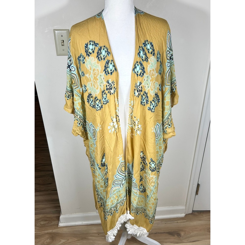 Woven Heart Kimono Women OS Mustard Yellow Boho Medallion Fringe Wrap